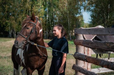 Genç bir kız ata binmek için güzel bir atı çitlere bağladı.