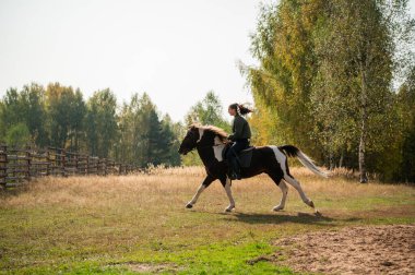 Genç bir kız, şehrin dışında ata binerken sonbahar havasının tadını çıkarıyor.