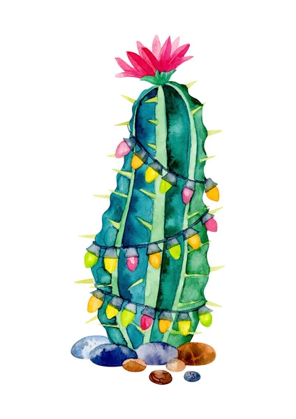 Tarjeta Navidad Cactus Aislado Sobre Fondo Blanco Ilustración Acuarela Luces — Foto de Stock
