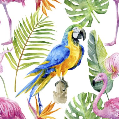 Pembe flamingo, mavi papağan papağanı, egzotik çiçekler, orman yaprakları olan suluboya, kusursuz desenli bir arka plan. Botanik Çiçek Resim Duvar Kağıdı