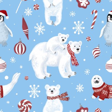 Kusursuz bir Noel modeli. Penguen, fok, kutup ayısı, mavi arka planda bebek..