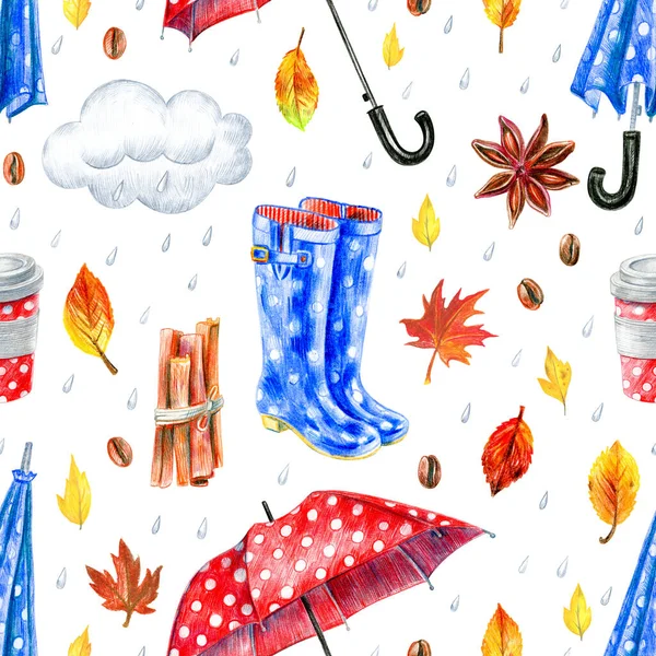 无缝隙的秋天图案在白色的背景上孤立 手绘树叶 咖啡和雨滴 — 图库照片