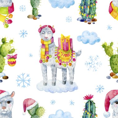 Güzel, kusursuz bir Noel deseni. Lama, kaktüs ve kar taneleri.