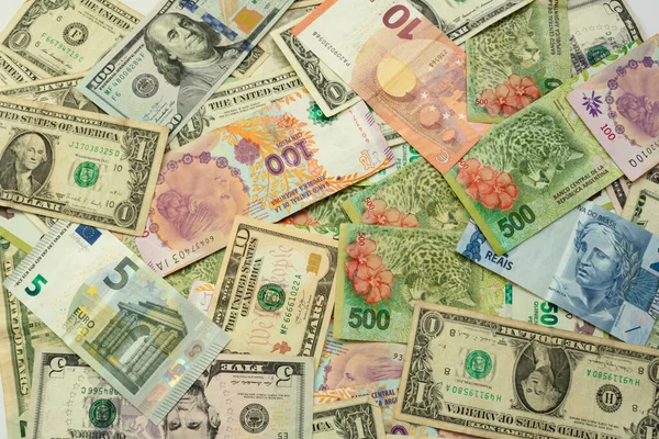 Banconote Peso Argentino Euro Brasil Real Dollari Usa Allo Stesso — Foto Stock