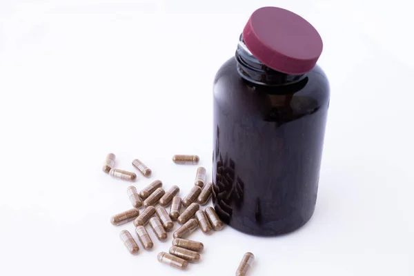 Amber Plastic Bottle Brown Cap Open Standing Some Pills Medicine — Stock Photo, Image