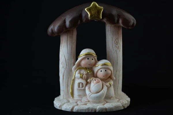 Karácsonyi Betlehemi Jelenet Ábrázolása Kis Jézus Mária József Figuráival Fekete — Stock Fotó