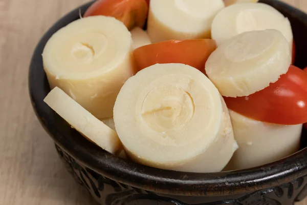 Simple Fresh Palm Heart Palmito Salad Black Bowl Wooden Table — Stock Photo, Image