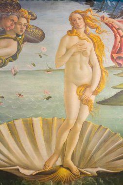 Florence, İtalya, 8 Şubat 2016. Uffizi galerisindeki Venüs 'ün Doğuşu tablosunun ayrıntıları. Sanat konsepti