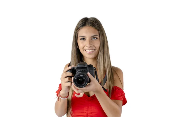 Молода Жінка Фотограф Позує Посміхаючись Своєю Камерою Руці Концепція Візуальної — стокове фото
