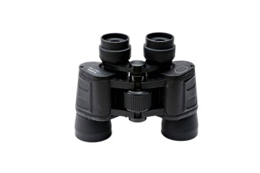 Beyaz bir yüzeyde siyah dürbünler.