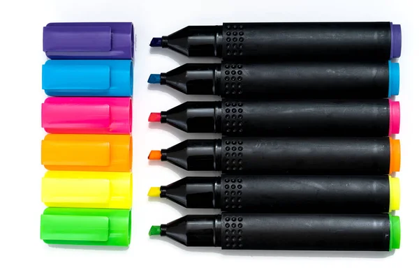 Set Highlighter Markers Sorted Aligned Uncovered White Background — Stock Photo, Image