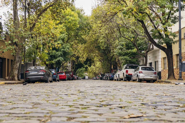 Panorámica Una Calle Empedrada Barrio Tradicional Buenos Aires Argentina Enfoque — Foto de Stock