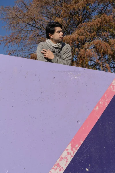 Atrakcyjny Młodzieniec Opierający Się Ścianie Skrzyżowanymi Ramionami Przestrzeń Kopiowania — Zdjęcie stockowe