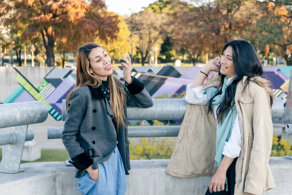 Dos Amigas Hablando Felizmente Apoyadas Una Barandilla Concepto Relaciones Humanas — Foto de Stock