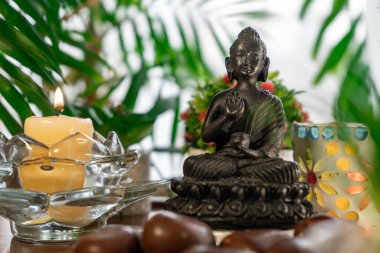 Buda heykeli, mumlar, bitkiler ve tesadüflerle meditasyon sunağı