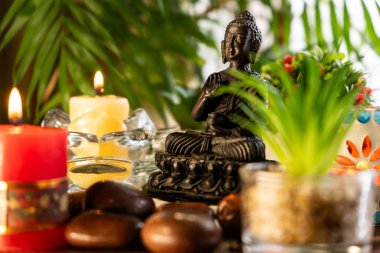 Buda heykeli, mumlar, bitkiler ve tesadüflerle meditasyon sunağı