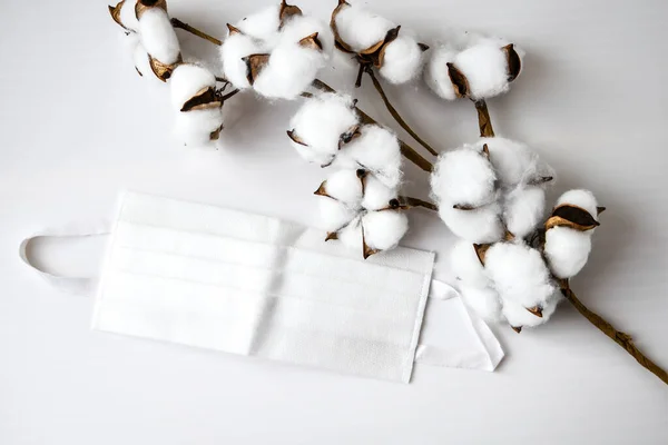 Cotton Plant Flower Protective Medical White Face Mask White Background — Stock Photo, Image