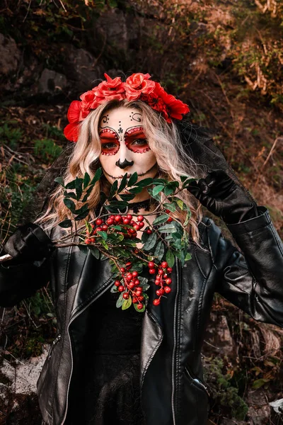 Primo Piano Ritratto Calavera Catrina Giovane Donna Con Trucco Teschio — Foto Stock