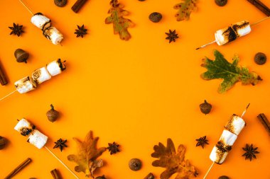 Noel kompozisyonu. Tarçınlı marşmelov yaprakları ve sarı arka planda anason. Sonbahar kompozisyonu. Sonbahar eşyalarından yapılmış bir desen. Düz yatıyordu. Şükran Günü için süs. Kopyalama alanı olan Sonbahar Çerçevesi.