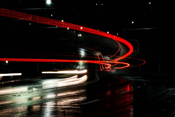 Ljus Bilar Natten Gatubelysning Nattstad Lång Exponering Fotografera Nattväg Färgade — Stockfoto