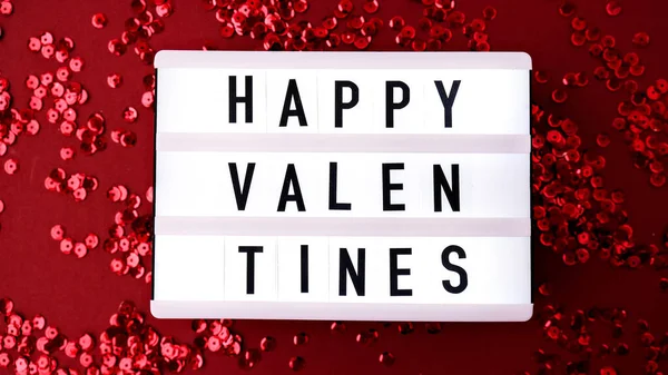 Lightbox Словами Happy Valentines Червоному Блискучому Конфетті Розшифроване Тло Пір — стокове фото