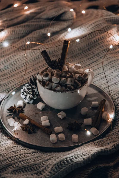 暖かい冬のカカオとマシュマロをベッドの上でカップ クリスマスライト パインコーンの装飾 いい冬の日だ 巨大な — ストック写真