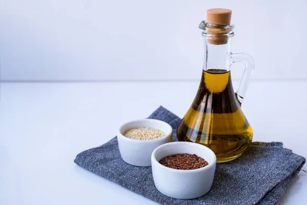 Sesame Flax Seeds Oil Glass Bottle Healthy Food Concept Vegan — Stock Photo, Image
