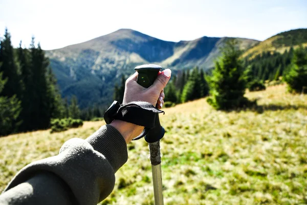 Trekking poles at top of mountain with beautiful view of autumn mountains. natural background. Hand holding trekking poles. Active leisure