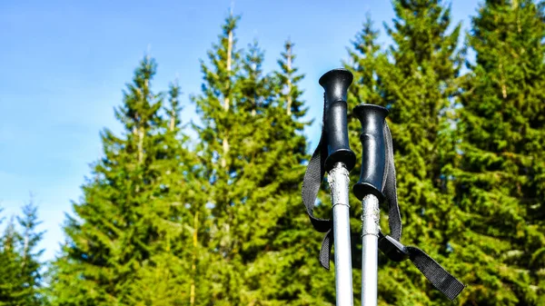 Trekking poles at top of mountain with beautiful view of autumn mountains. Natural background. Hiking. Travel goal concept