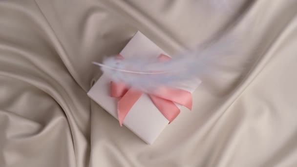 Penas de pássaro voando em caixa de presente branco com fita rosa. Conceito de férias fofo e delicado. — Vídeo de Stock