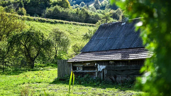 Peaceful abandoned old cottage at summer sunset in the mountains. Country house in the village. Admiring the wooden cottage on the mountain