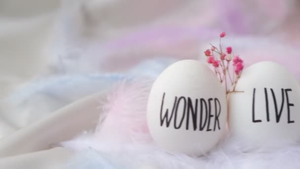 Komposisi telur Paskah. Pesan Paskah, Kata-kata digambar dengan pena. Love Live Believe Wonder Hope — Stok Video