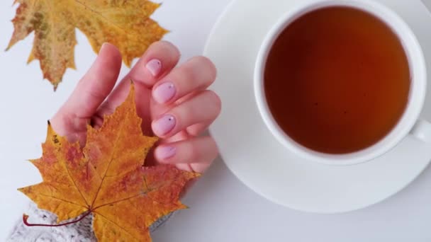 Mujer mostrando las manos con hermosa manicura desnuda sosteniendo hojas de otoño. Manicura femenina, aspecto natural. Cuidado con las uñas. Auto cuidado. Taza de té — Vídeo de stock