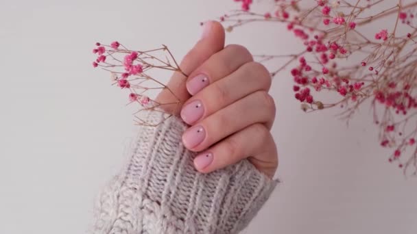 Woman showing hands with beautiful nude manicure holding delicate pink Gypsophila or babys breath flowers. Female Manicure, natural look. Nails care. Self care. — Stock Video