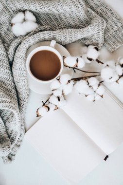 Pamuk bitkisi tarçın çubuklu kahve ve beyaz arka planda anason yıldızı. Etrafta süveter var. Kış sabahı rutini. Kahve molası. Uzayı kopyala Üst Manzara. Kahvaltıda. Düz yatıyordu