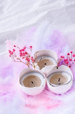 DIY. Kendiniz yapın. Beyaz yumurta kabuğunun içinde mum olan bileşimi. Kuş tüylü parlak paskalya süslemeleri kuru çiçekler. Pastel renkler. Paskalya tebrik kartı. Boşluğu kopyala