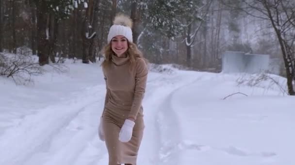 Boże Narodzenie, wakacje i koncepcja sezonu zimowego. Młoda szczęśliwa kobieta wieje bawiąc się śniegiem w zimowej leśnej przyrodzie. Powolny ruch Ciepłe ubrania dziane rękawice i kapelusz. — Wideo stockowe