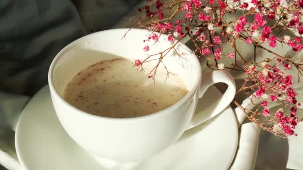 Taza blanca de leche y chocolate. Sensaciones estéticas matutinas. El desayuno. Flores de gypsophila — Vídeos de Stock