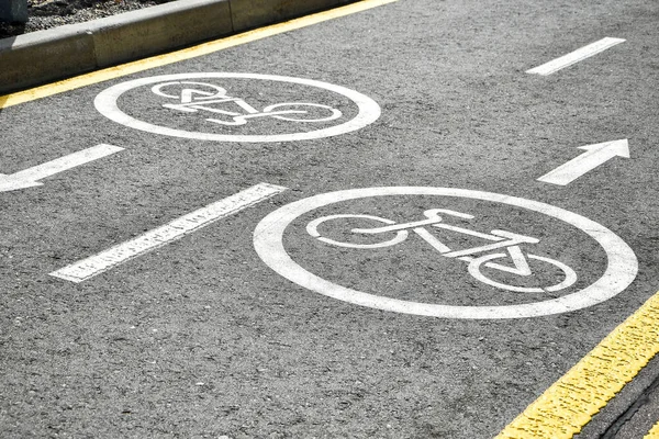 Asphalt road with bicycle and electric transport lane. Cycle and zero emission vehicles white sign on floor. Recreation area for green energy transport in city park