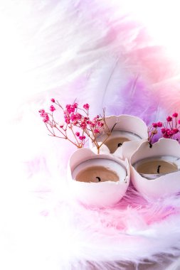 DIY. Kendiniz yapın. Beyaz yumurta kabuğunun içinde mum olan bileşimi. Kuş tüylü parlak paskalya süslemeleri kuru çiçekler. Pastel renkler. Paskalya tebrik kartı. Boşluğu kopyala