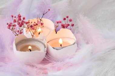 DIY. Kendiniz yapın. Beyaz yumurta kabuğunun içinde mum olan bileşimi. Mum ışığı. Kuş tüylü parlak paskalya süslemeleri kuru çiçekler. Pastel renkler. Paskalya tebrik kartı. Boşluğu kopyala