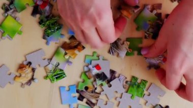 Aile eğlence zamanı. Kadın eli yapboz yapıyor. Garip şekilli iç içe geçmiş ve mozaiklenmiş yapboz parçaları. Tamamen iç içe geçmiş bulmaca.