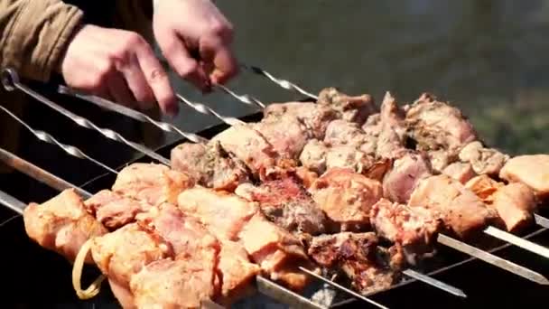 4k La carne se fríe sobre carbones. Camping, barbacoa en la parrilla. Enfoque selectivo. Carne frita en barbacoa de carbón — Vídeos de Stock