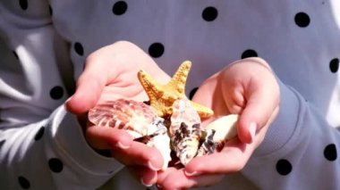 Yavaş hareket eden kadın elleri deniz kabuklarını gösteriyor, tatilden dönen deniz yıldızları. Tatil kavramı, yaz tatili. Turist güzel deniz kabukları topluyor