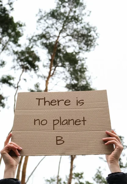 Female Hands Holding Cardboard Text Planet Outdoors Nature Background Protester — Stock Photo, Image