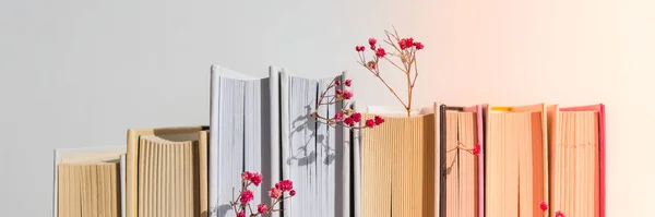 Stack of old books with babys breath flowers. Cozy reading. Delicate pink gypsophila flowers. Slow living concept. Unity with nature. Education literature. Selective focus.