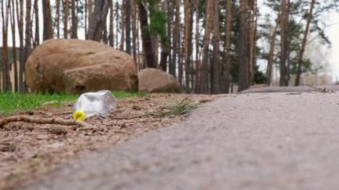 4k Genç Gönüllü parkta çöpleri karıştırıyor. Plastik şişeler, orman. Çimlerden plastik şişe toplayın. Ekolojik sorun, plastik geri dönüşümü, çevre plastik kirliliği. Doğayı düşün..