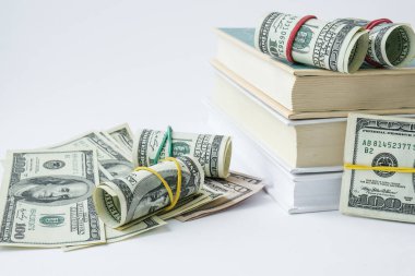 Bilgi zenginliğe götürür. Dolarlı kitap yığını. Pahalı eğitim kavramı. Kitaplardaki para. Üniversite için para biriktiriyorum. Tasarruf, ödenmiş okul ücreti