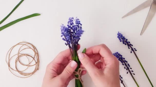 4k Weibliche Hände sammeln Strauß blauer Muscari als Geschenk. Schnittblumen. Florist im Blumenladen. Öko-Stil. Florist am Arbeitsplatz — Stockvideo