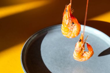 Gri bir plaka ve sarı arka planda uçan kırmızı karides. Moda renkleri. Minimalist konsept deniz ürünleri. Derin gölgeler. Vejetaryen Omega